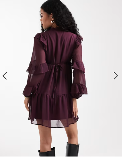 New Look Petite ruffle chiffon long sleeve mini dress in burgundy
