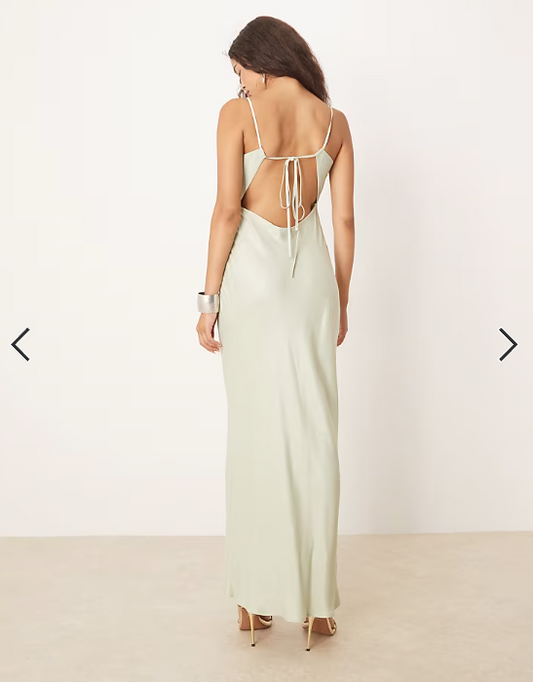 ASOS DESIGN satin tie back maxi dress in sage green