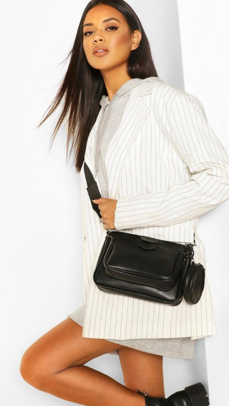 Faux Leather Multi Pocket Cross Body Bag - black