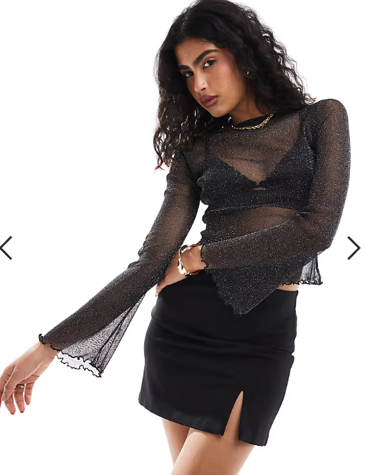 ASOS DESIGN glitter mesh sheer angel sleeve top in black
