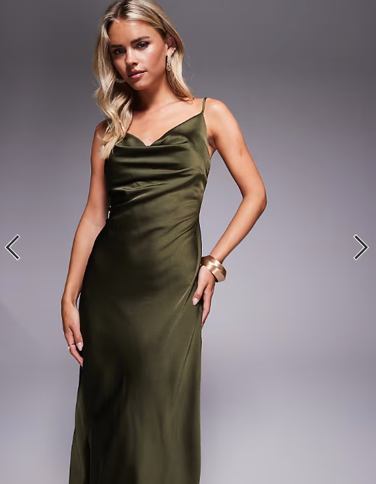 Asos - New Look Petite satin cowl neck midi dress in khaki