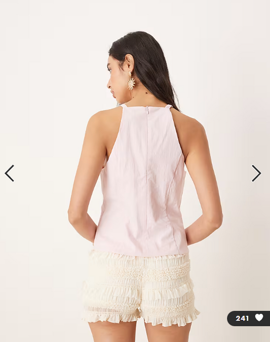 Mango halterneck slim fit structured top with cut out bow detail in pastel pink