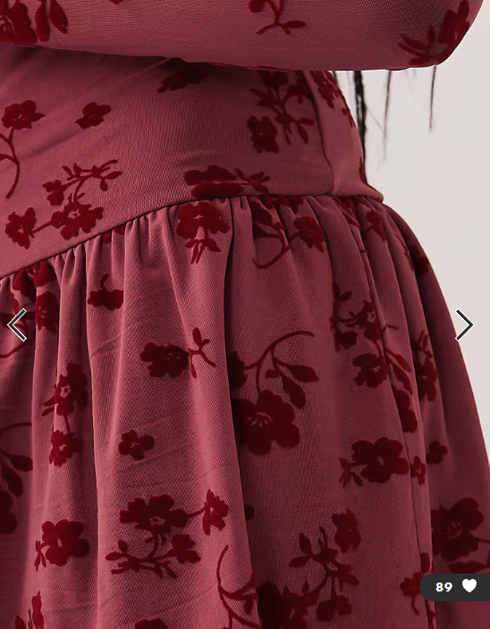 ASOS DESIGN floral flocked dropped hem mesh mini dress in burgundy
