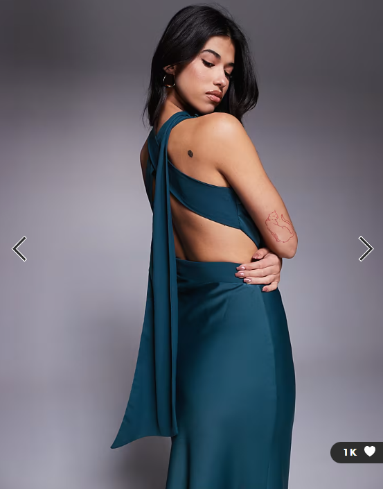 ASOS DESIGN one shoulder satin midi dress with neck sash in navy