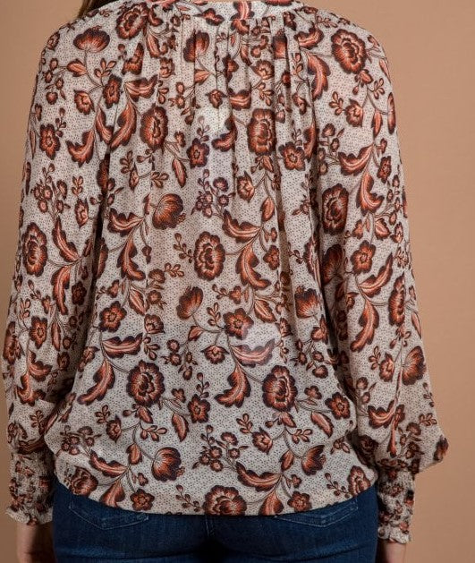 PART TWO Ketta Floral Print V Neck Viscose Blouse Brown/orange