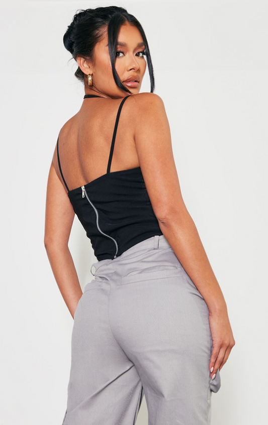 Black Stretch Woven Mesh Panel Detail Strappy Long Top
