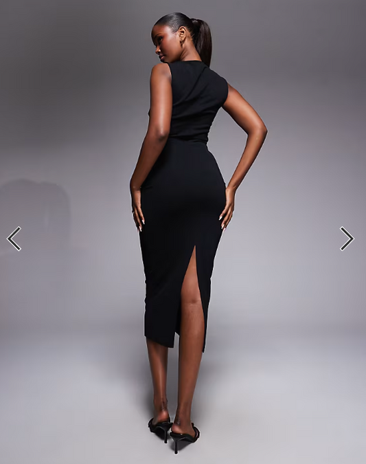ASOS DESIGN square neck ruched waist midi dress in black