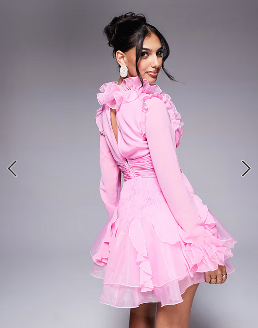 ASOS LUXE organza long sleeve exaggerated ruffle mini dress in Pink