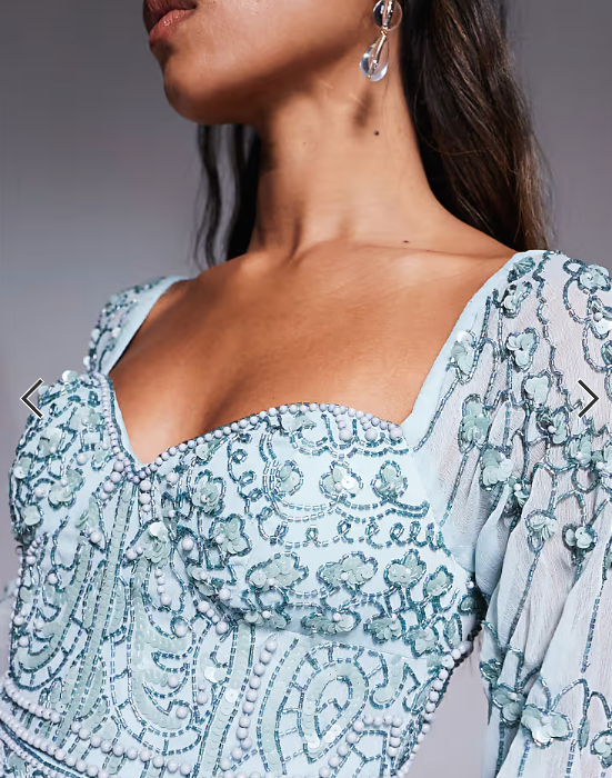 ASOS DESIGN fluted sleeve maxi dress with placement embellishment in aqua blue