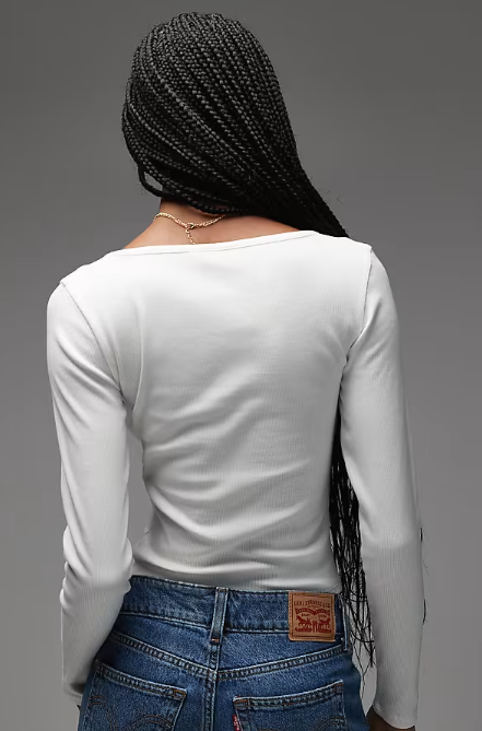 ASOS DESIGN rib v neck long sleeve top in cream