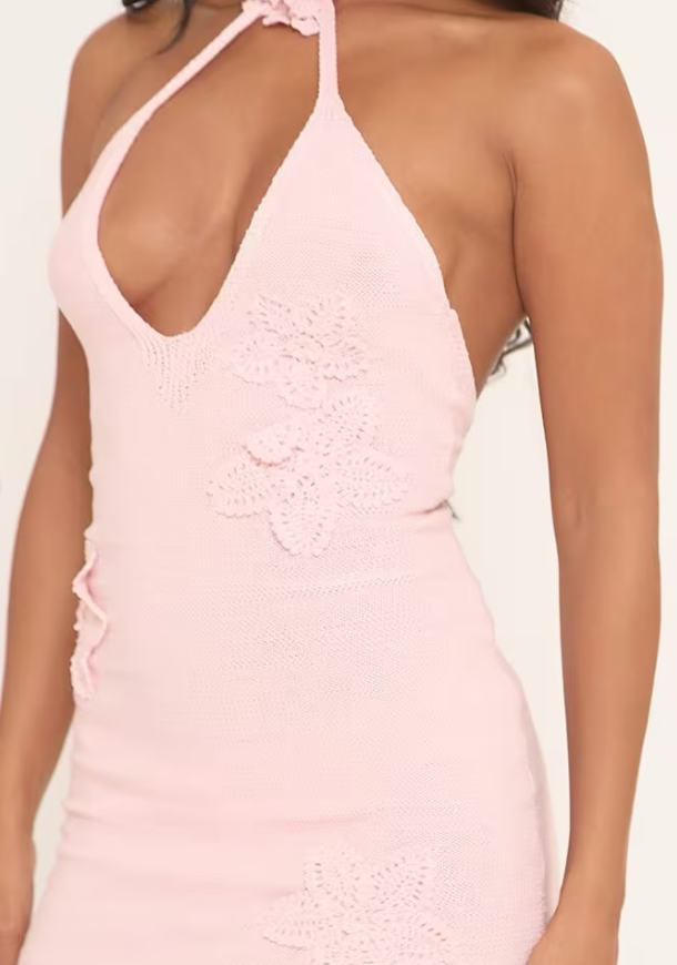 Ego - Floral Applique Halterneck Fitted Crochet Knit Mini Dress