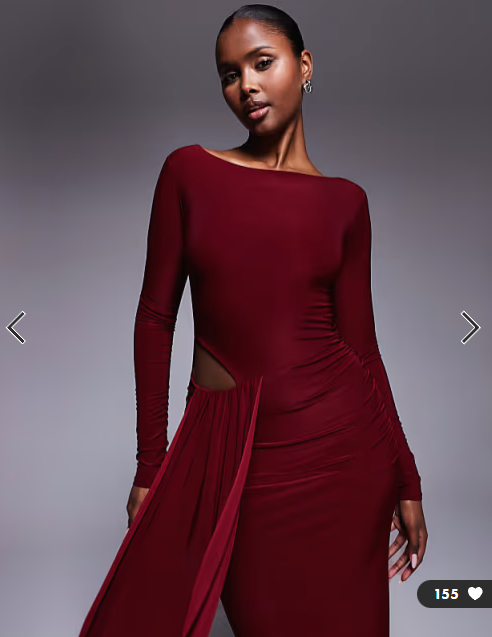 Kaiia exclusive double layered slinky waist drape cut out detail maxi dress in burgundy