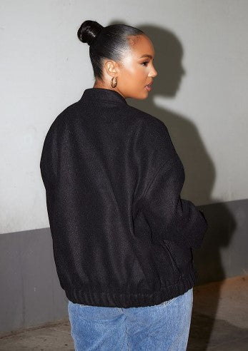 Plus Black Oversized Wool Look Bomber Jacket