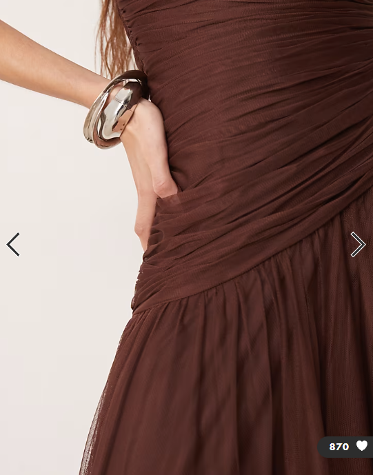 Lace & Beads tulle asymmetric drop waist maxi dress in chocolate brown