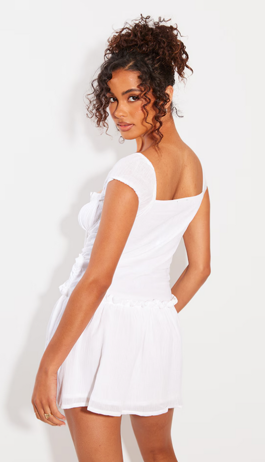 White Textured Ruched Puff Sleeve Bodycon Dress