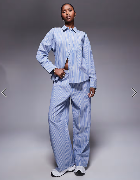 Weekend Collective co-ord stripe shirt in blue and white