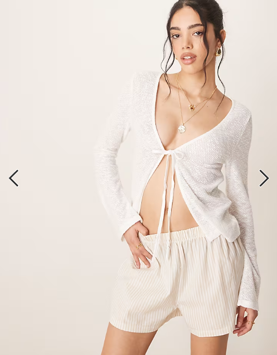 ASOS DESIGN knit look tie front long sleeve top in cream