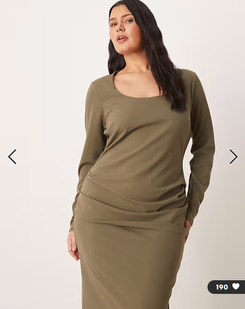 ASOS DESIGN curve long sleeve scoop neck midi dress in khaki