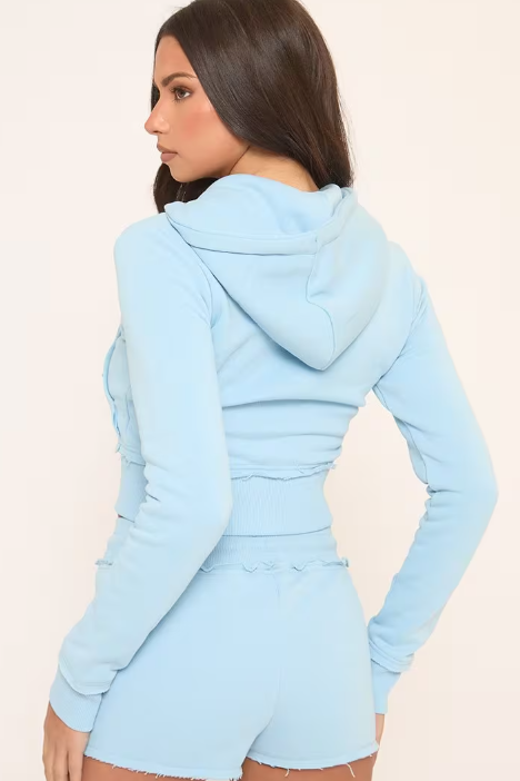 Contrast Distressed Detail Drawstring Hoodie In Blue