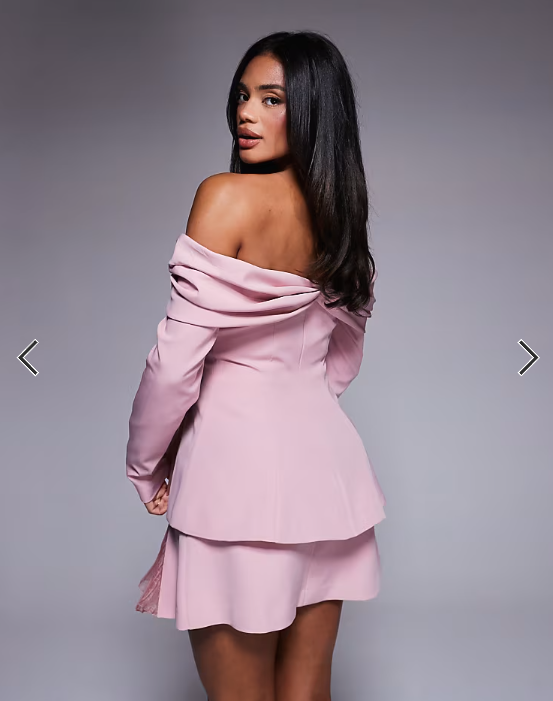 ASOS LUXE off the shoulder tailored blazer with organza pleats in dusty pink - part of a set