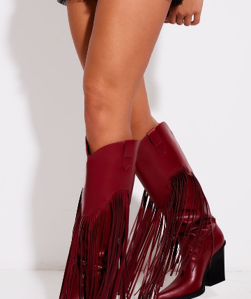 Red PU Point Toe Tassel Fringed Block Heel Knee Western Boots