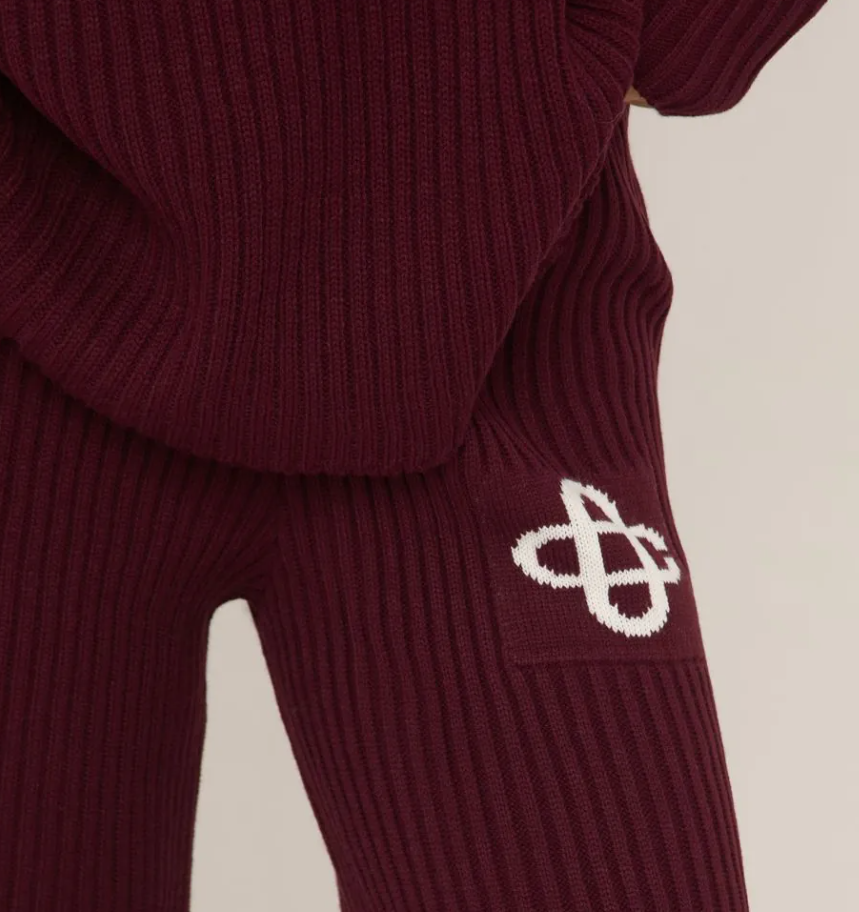 High Waist Swirl Graphic Wide Leg Trousers In Burgundy Rib Knit