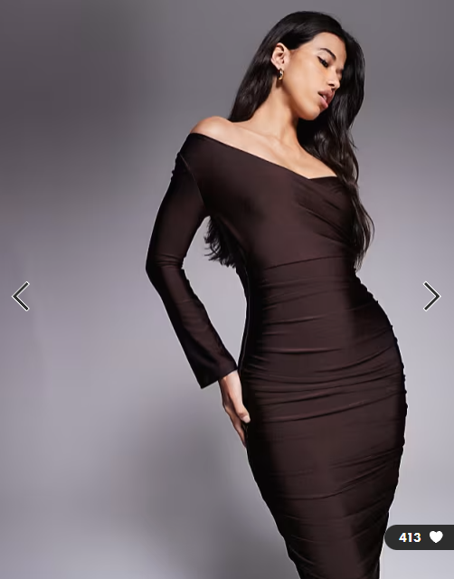 Ruched & Ready You Wish sculpted high shine off shoulder sweetheart neck maxi dress in chocolate