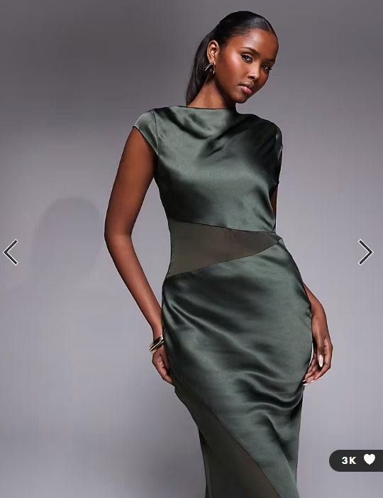 ASOS DESIGN cap sleeve satin midi dress with sheer chiffon panels in khaki