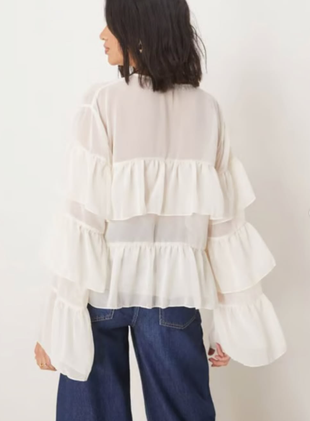ASOS DESIGN chiffon boho ruffle blouse in cream