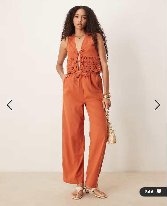Iisla & Bird ruffle tie front broderie waistcoat co-ord in rust
