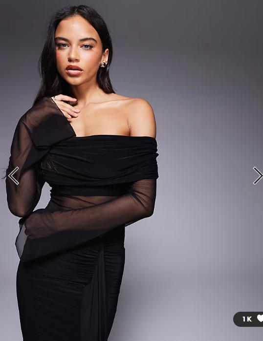 Kaiia exclusive double layered slinky foldover bardot sheer panel ruched skirt maxi dress in black