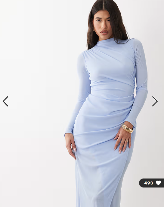ASOS DESIGN ruched mesh high neck long sleeve midi dress in light blue