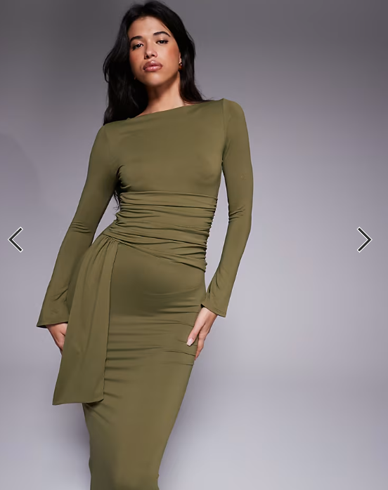 ASOS DESIGN long sleeve wrap waist detail midi dress in khaki