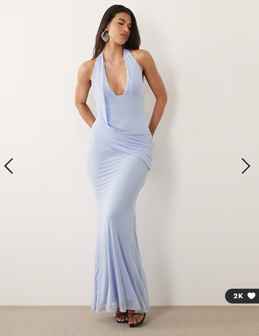ASOS DESIGN mesh halter maxi dress with draped sash detail in blue
