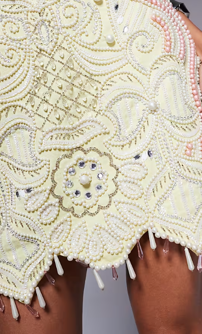 ASOS LUXE pearl encrusted mini dress in pink and yellow