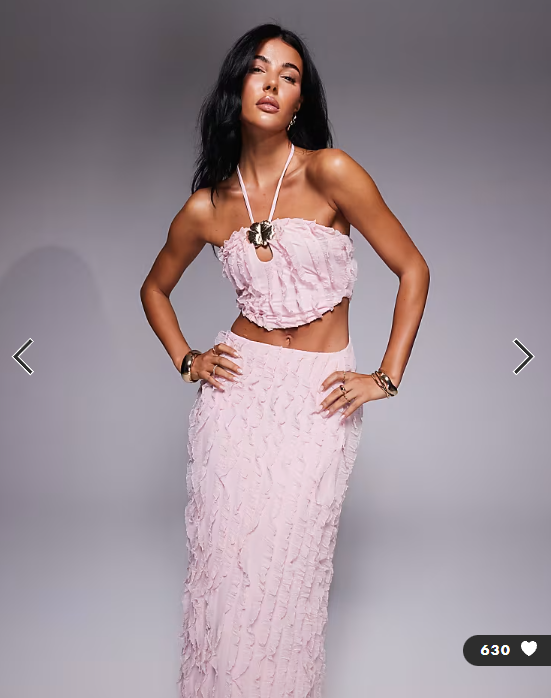 ASOS DESIGN textured halter neck maxi dress with floral trim in pink