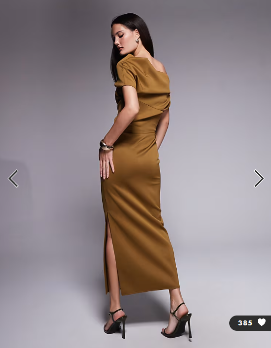 ASOS DESIGN structured midi dress with fallen shoulder in brown scuba-style fabric