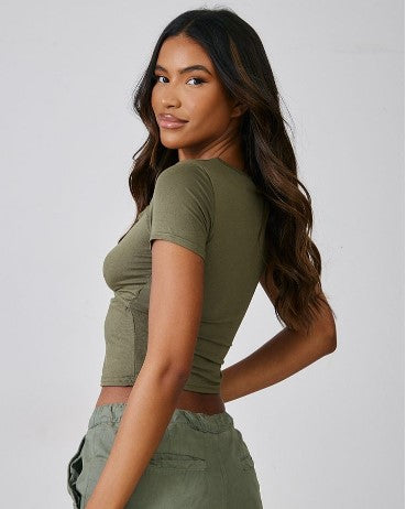 Khaki jersey multi cut out top