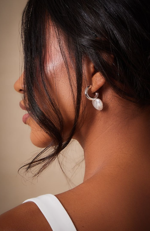 Silver Pearl Heart Detail Hoop Earrings