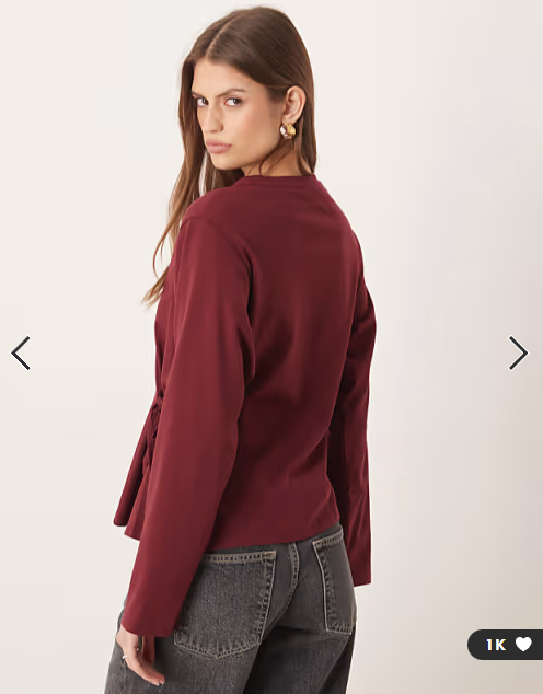 ASOS DESIGN tie waisted detail long sleeve top in dark cherry