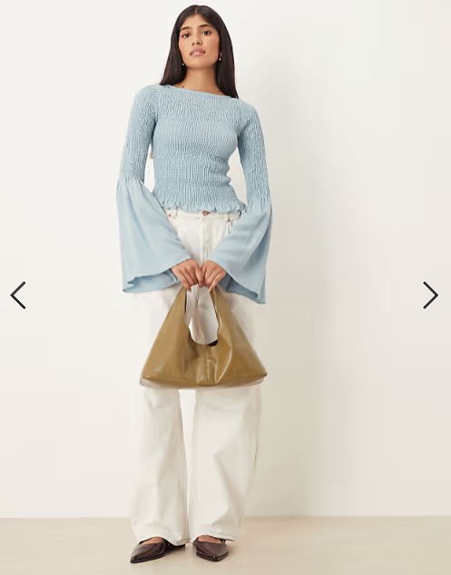 ASOS DESIGN shirred top with angel sleeves in dusky blue