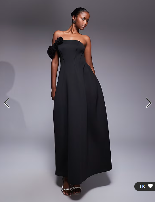 ASOS DESIGN bandeau maxi dress with flower detail in black scuba-style fabric