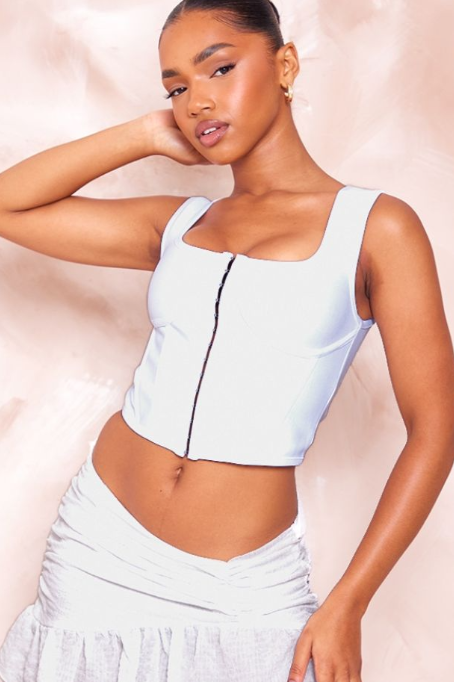 White Bandage Dip Hem Hook And Eye Square Neck Corset