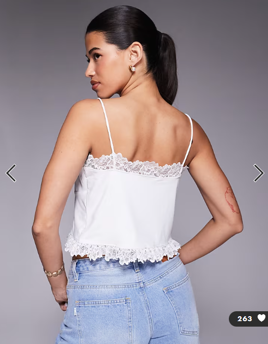 ASOS DESIGN slinky lace trim tie front top in white