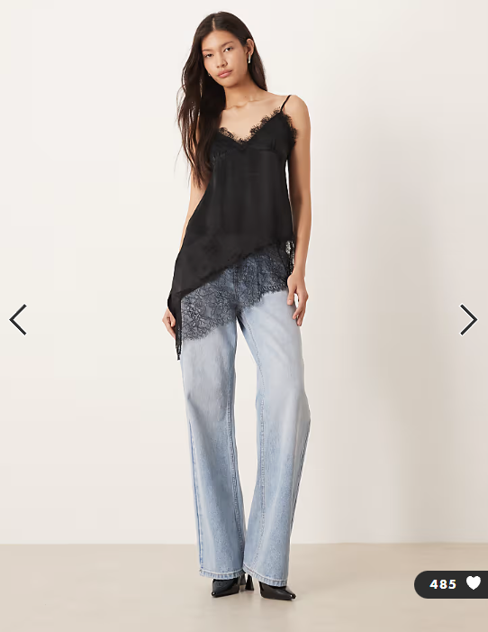 ASOS DESIGN satin lace trim asym hem cami top in black