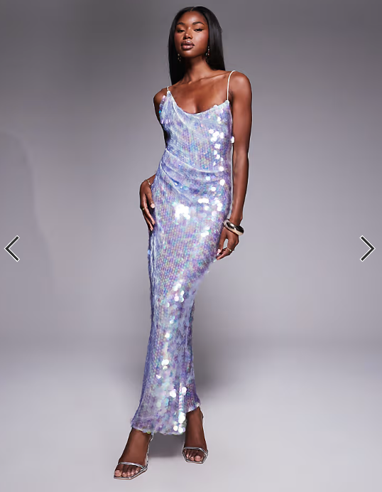 ASOS DESIGN iridescent sequin asymmetric cowl neck midi dress in light blue