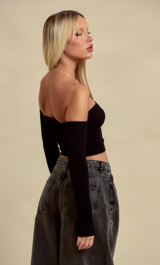 Black Structured Contour Rib Bardot Crop Top