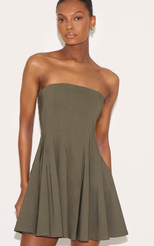 Plt - Khaki Stretch Woven Bandeau Pleated Shift Dress