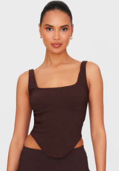 Dark Brown Stretch Woven Square Neck Corset Top