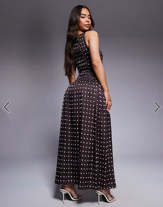 Kaiia exclusive satin high square neck button through drop waist maxi dress in chocolate polka dot